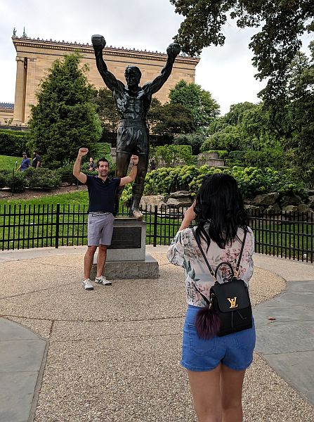 Tourists by the Rocky Balboa statue